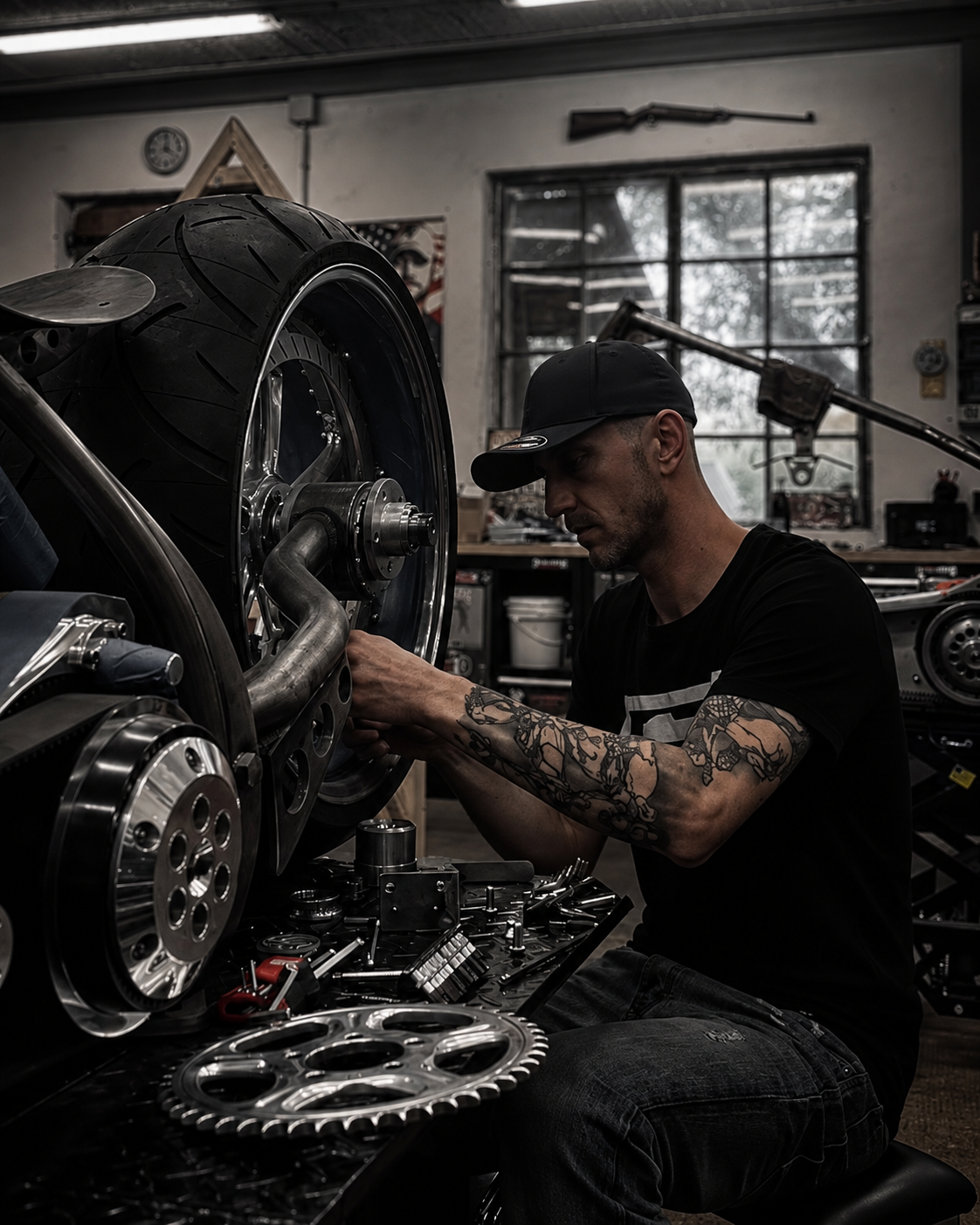 Chris Marschka founder of Famous Fabricator working on a custom Harley-Davidson chopper